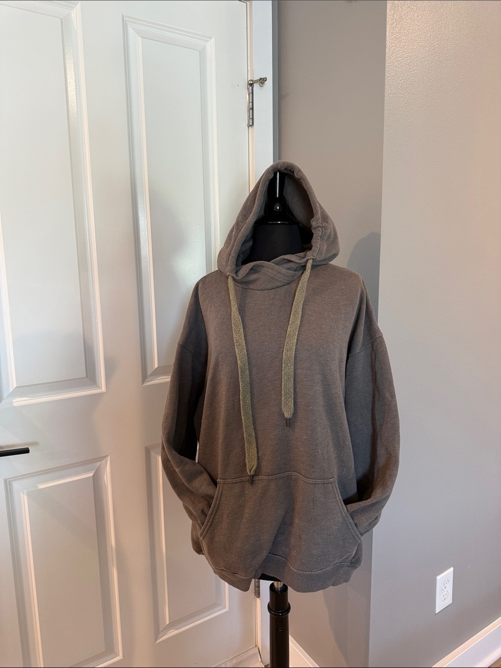 aerie Hooded Pullover Sweatshirt in Taupe with Olive Drawcords